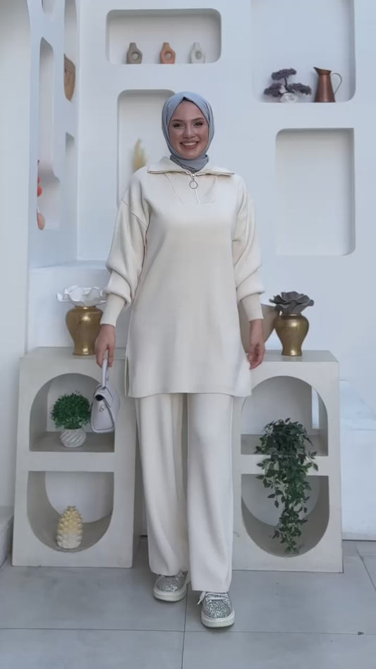 Zippered Collar Tunic and Trousers Double Knitwear Set 2-1535