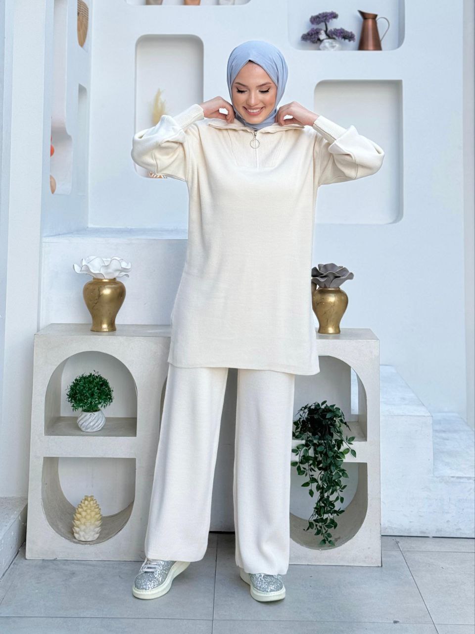 Zippered Collar Tunic and Trousers Double Knitwear Set 2-1535