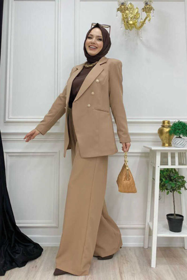 Button Detail Blazer Jacket Wide Trousers Set 8302