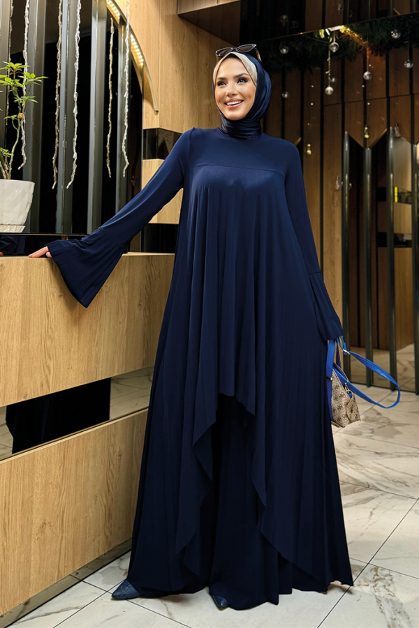 Pleated Detailed Long Tunic and Trousers Double Set 8575