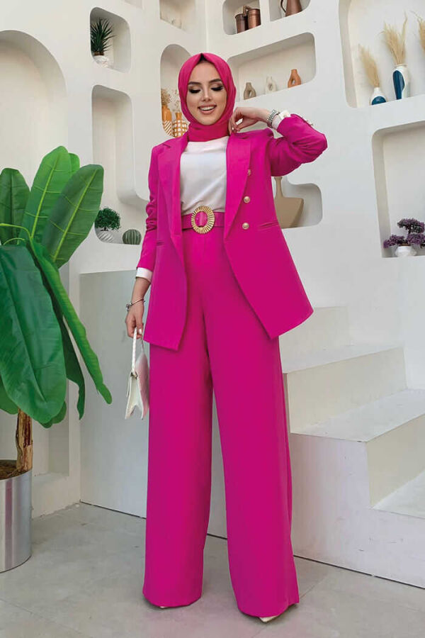 Button Detail Blazer Jacket Wide Trousers Set 8302