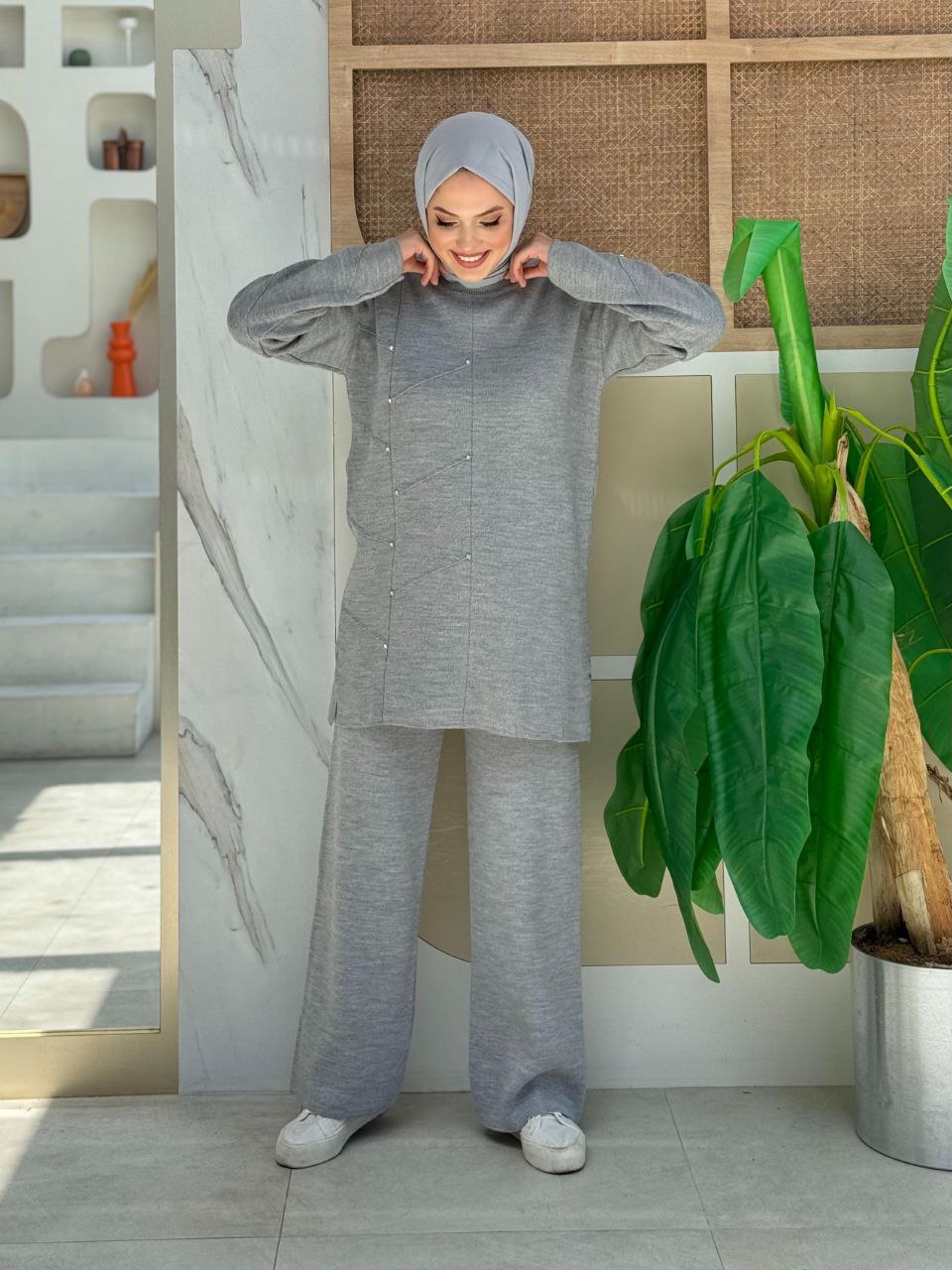 Stone Detailed Tunic and Trousers Double Knitwear Set 2-1545