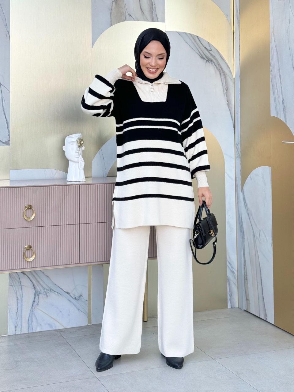 Zippered Collar Stripe Detailed Tunic and Trousers Two Piece Knitwear Set 2-6003