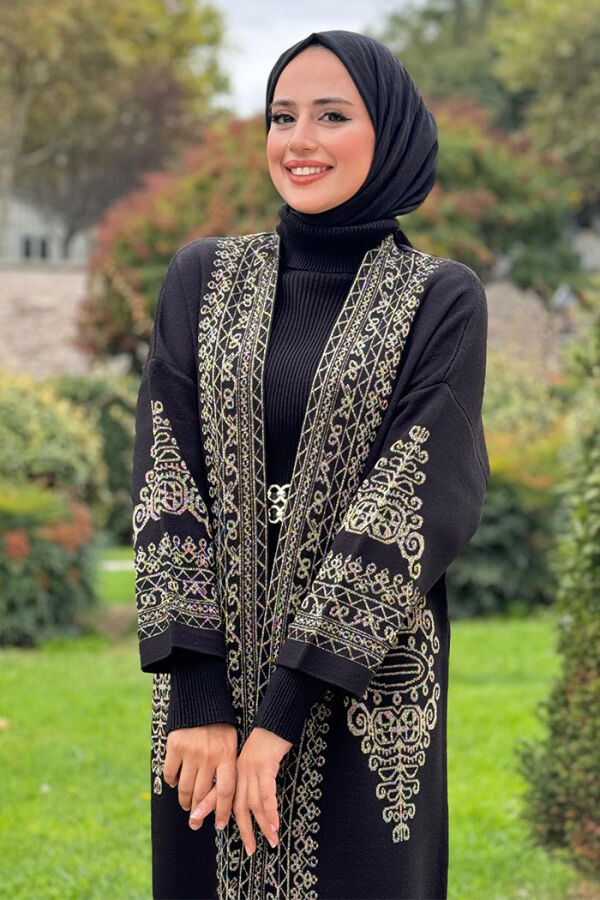 Glittery Ethnic Pattern Embroidered Detailed Knitwear Cardigan 18189