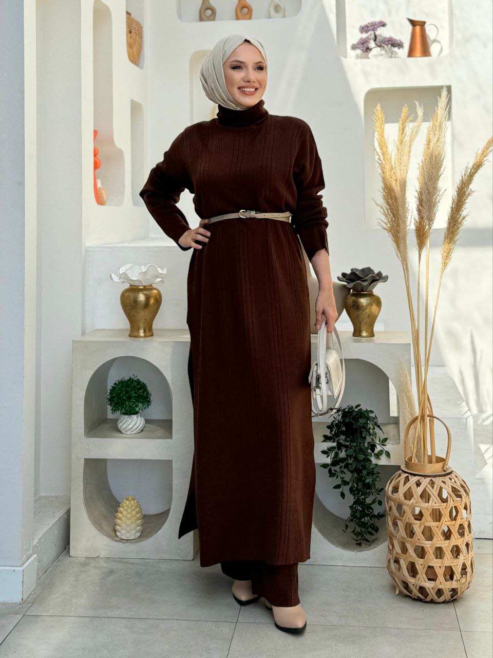 Turtleneck Slit Long Tunic and Trousers Double Knitwear Set 2-6001