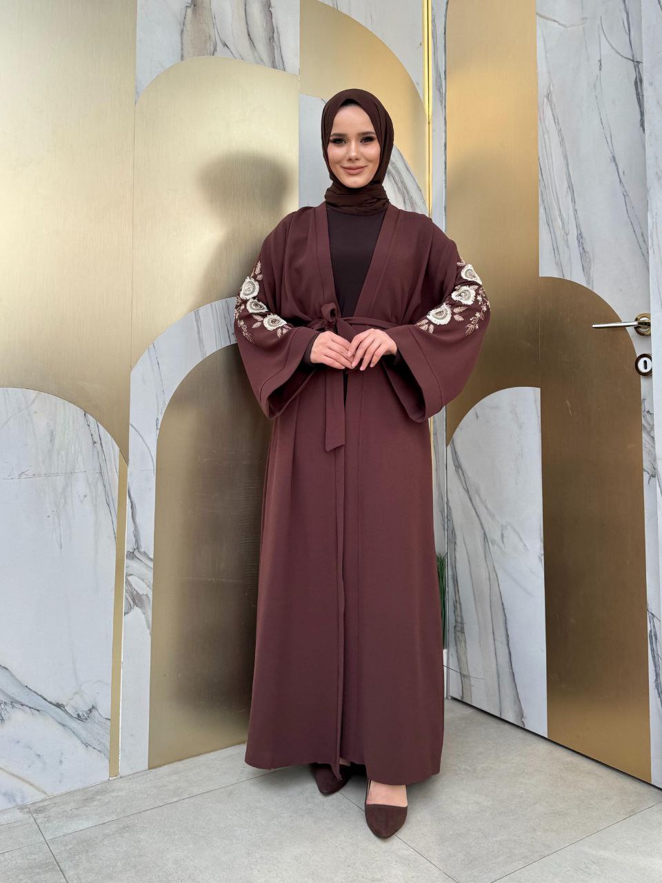 Embroidered Detailed Waist Belted Abaya 7898