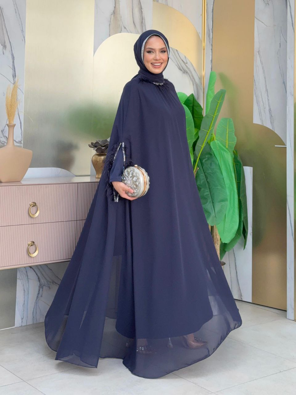 Tassel Collar Stone Detailed Abaya Dress Set 8494