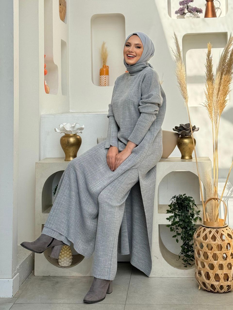 Turtleneck Slit Long Tunic and Trousers Double Knitwear Set 2-6001