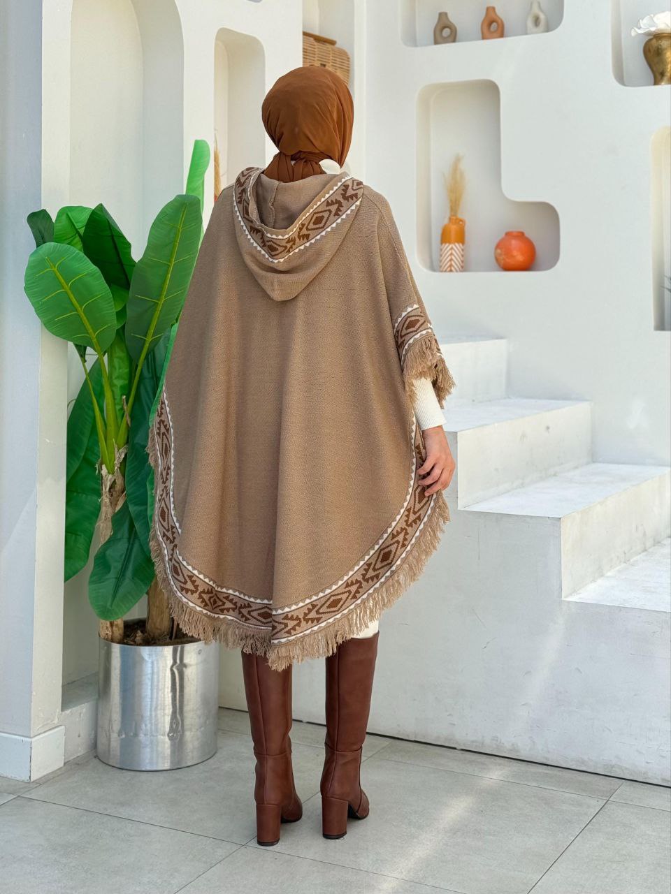 Hooded Ethnic Pattern Detailed Tassel Knitwear Poncho 12096