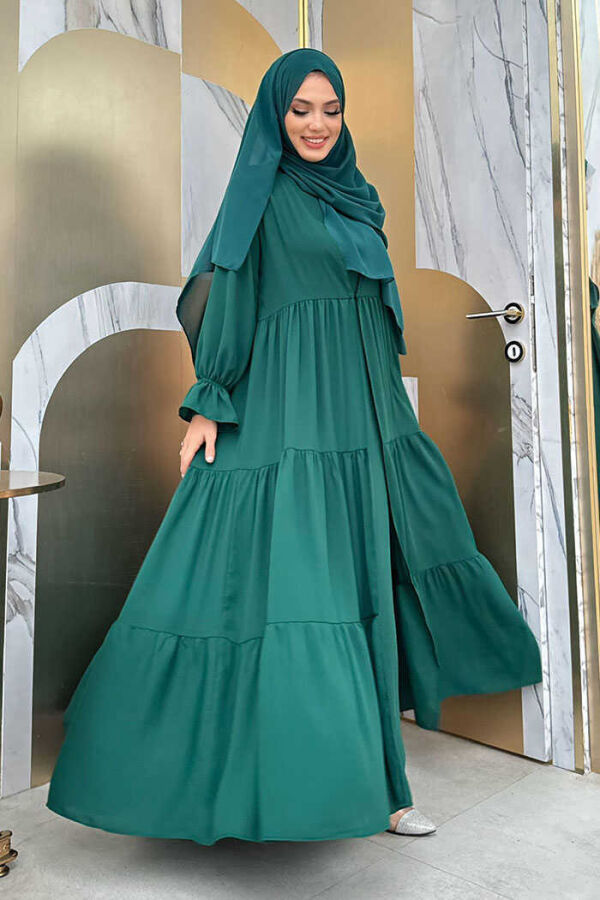 Elasticated Sleeve Layered Abaya Dress Set 3859