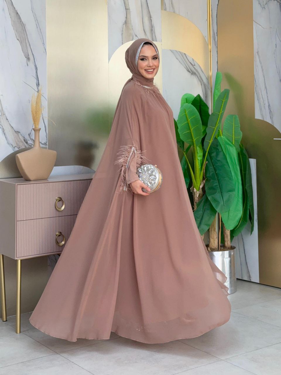 Tassel Collar Stone Detailed Abaya Dress Set 8494