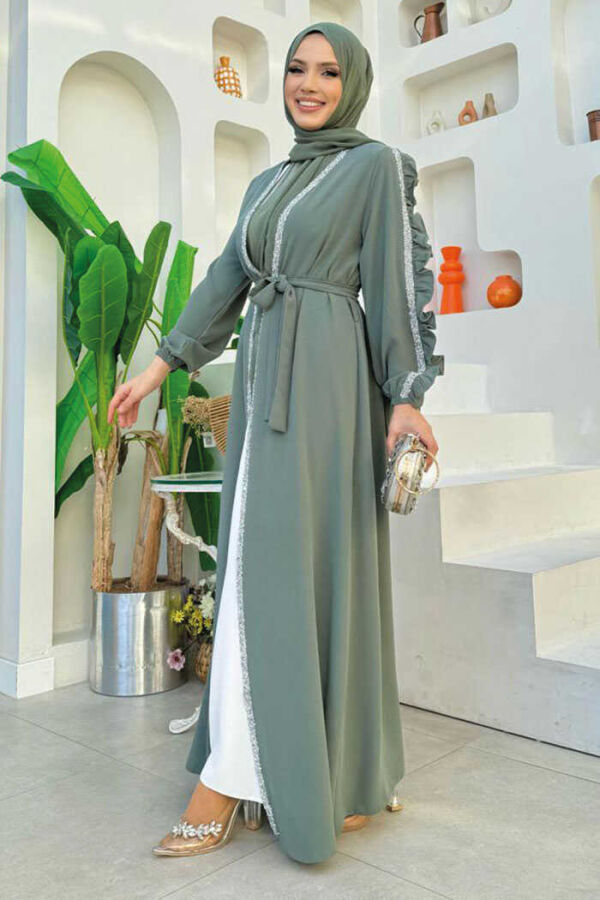 Frilled Sleeve Stone Detail Abaya Suit 8484