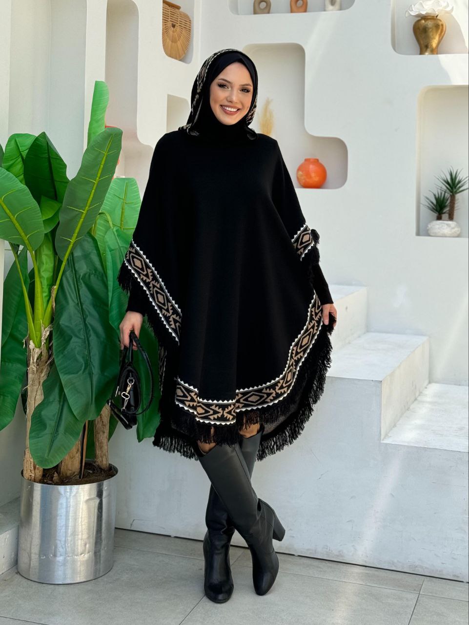 Hooded Ethnic Pattern Detailed Tassel Knitwear Poncho 12096