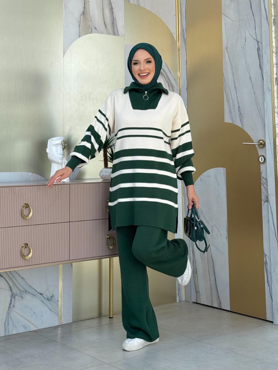 Zippered Collar Stripe Detailed Tunic and Trousers Two Piece Knitwear Set 2-6003