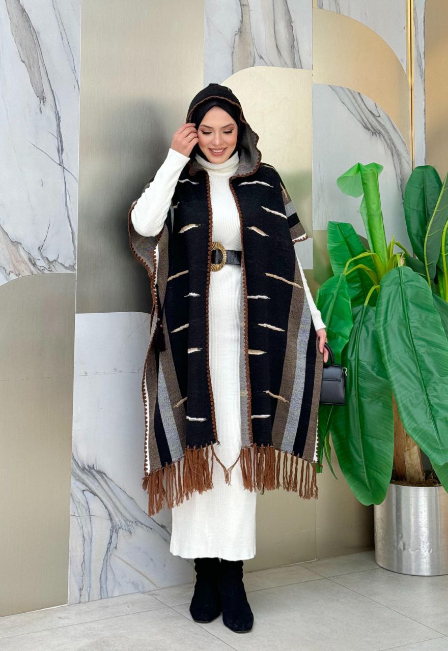 Hooded Tassel Detailed Knitwear Poncho 1606