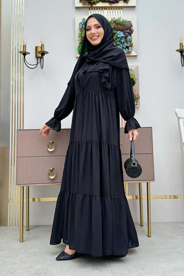 Elasticated Sleeve Layered Abaya Dress Set 3859