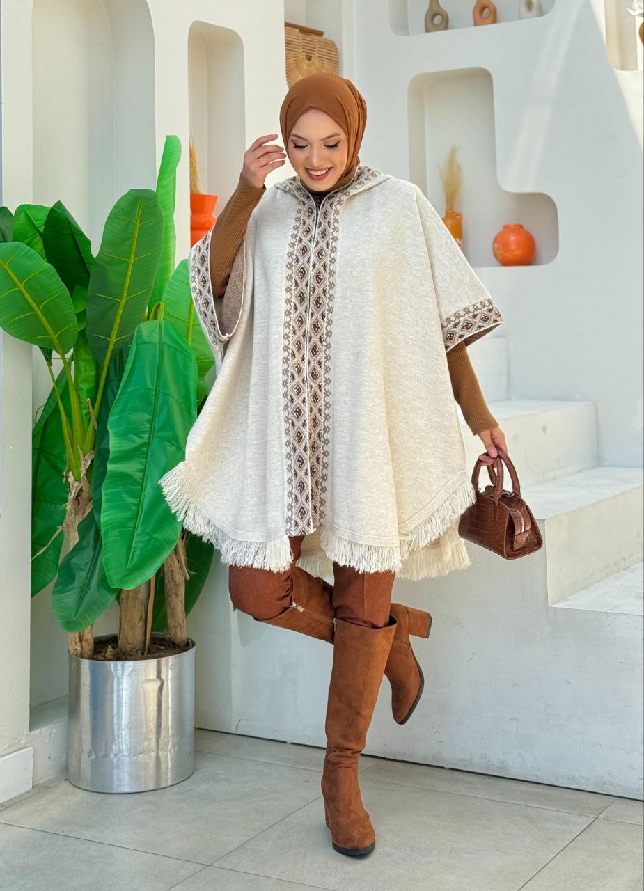 Hooded Zippered Tassel Detailed Knitwear Poncho 12023