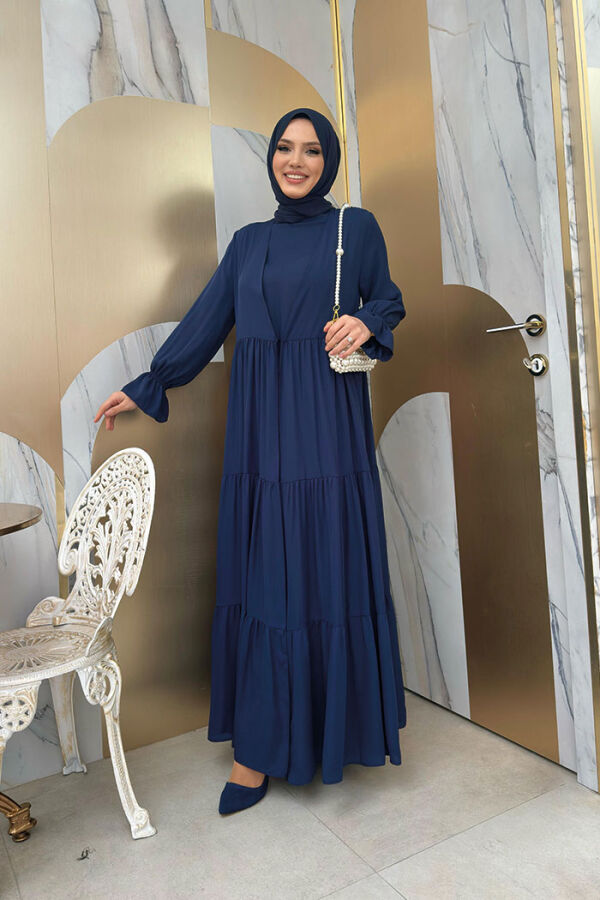 Elasticated Sleeve Layered Abaya Dress Set 3859