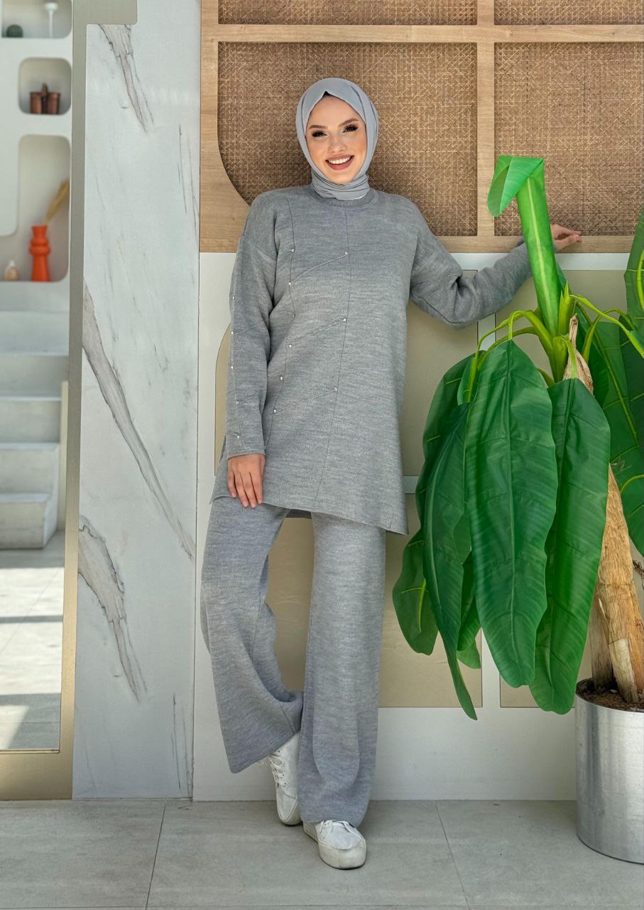 Stone Detailed Tunic and Trousers Double Knitwear Set 2-1545