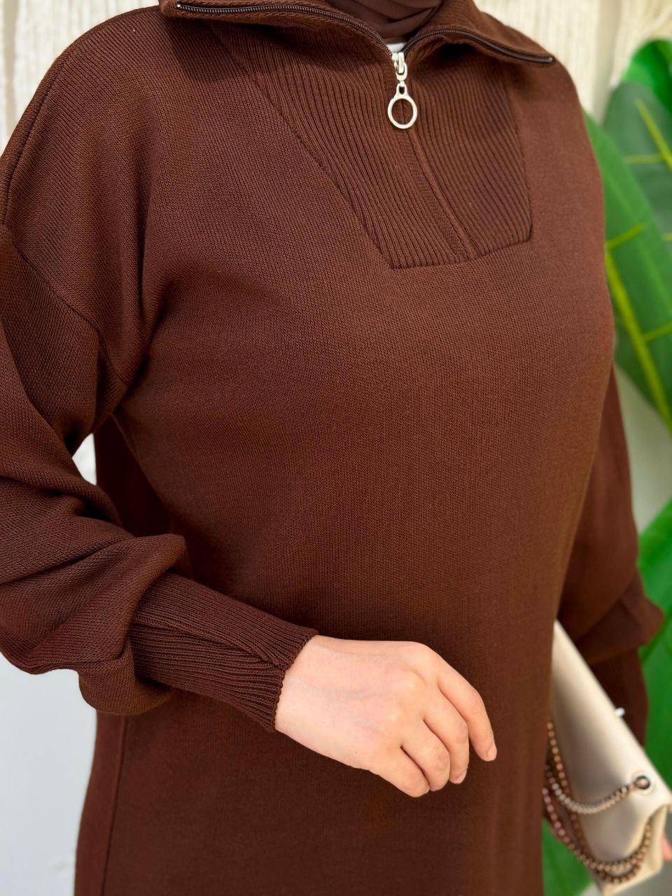 Zippered Collar Tunic and Trousers Double Knitwear Set 2-1535