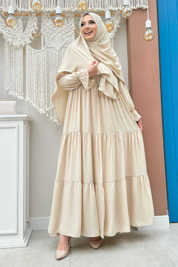 Elasticated Sleeve Layered Abaya Dress Set 3859