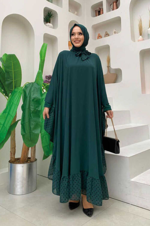 Spotted Collar Detail Chiffon Cape Dress Set 3643