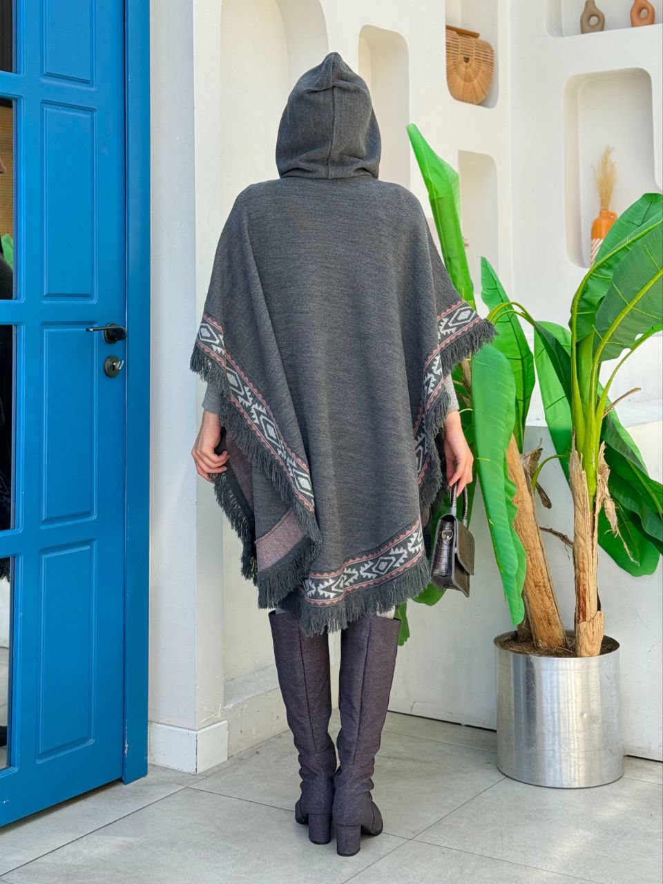 Hooded Ethnic Pattern Detailed Tassel Knitwear Poncho 12096