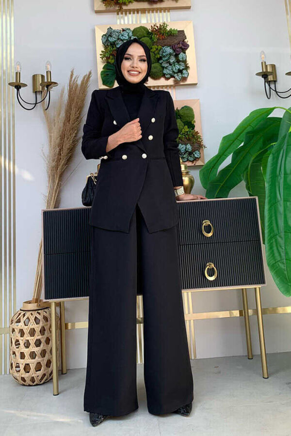 Button Detail Blazer Jacket Wide Trousers Set 8302