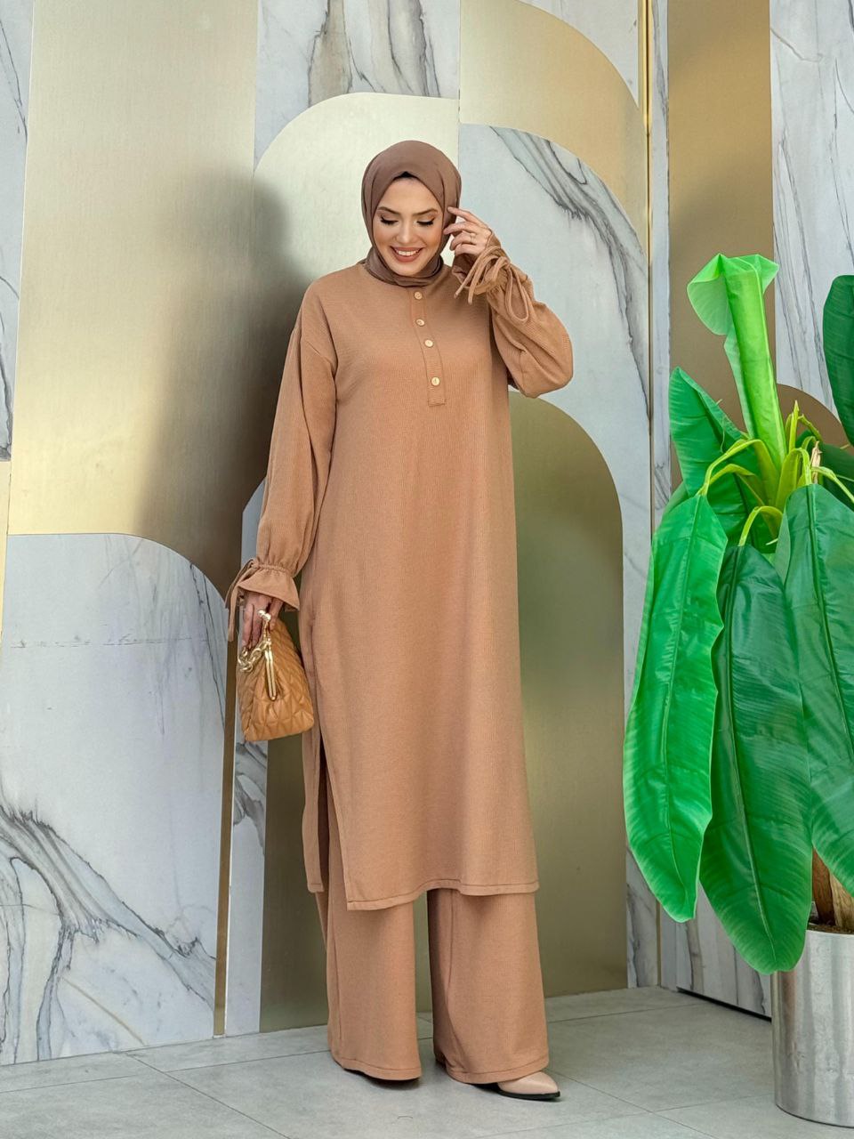 Button Detail Knitted Tunic and Trousers Double Suit 6020