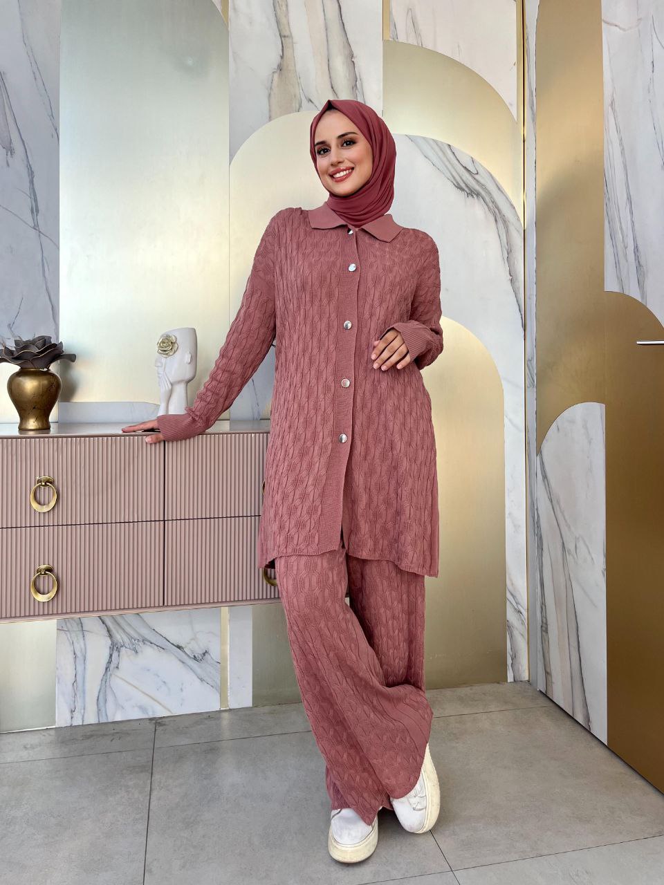 Embossed Patterned Tunic Buttoned Trouser Knitwear Suit 23311