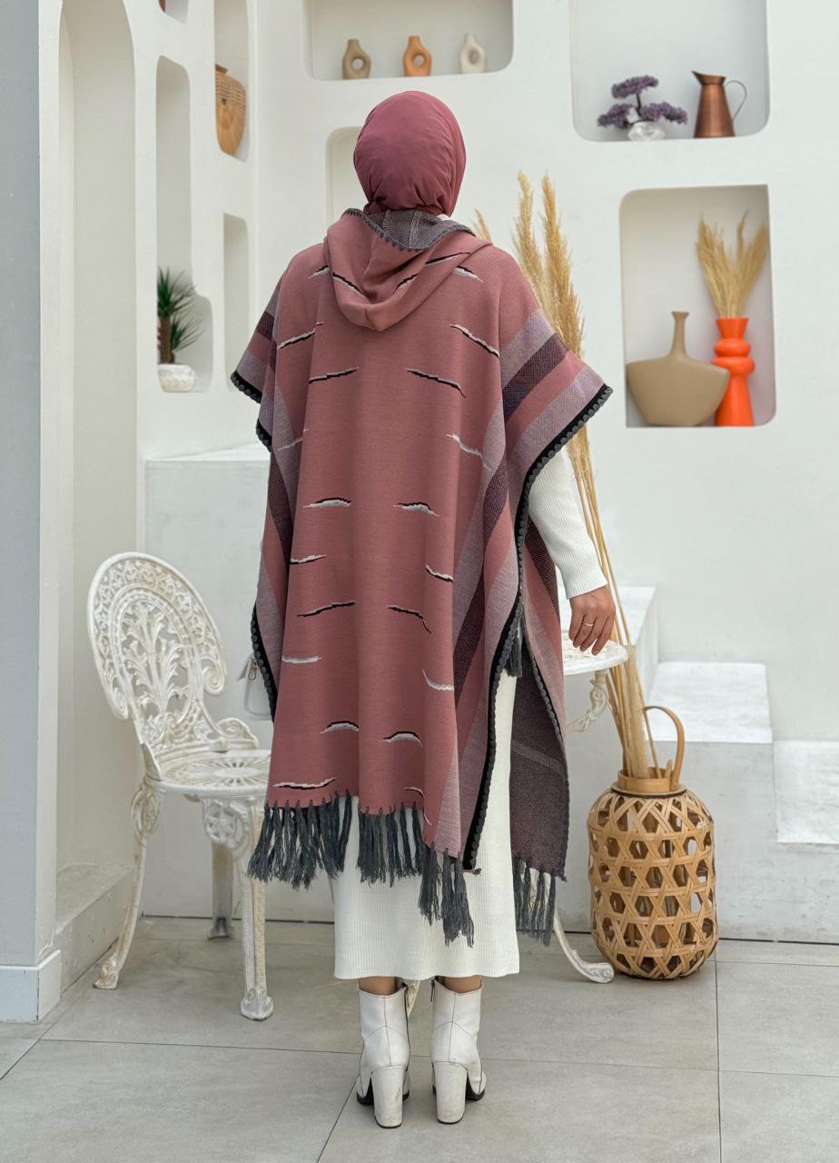 Hooded Tassel Detailed Knitwear Poncho 1606