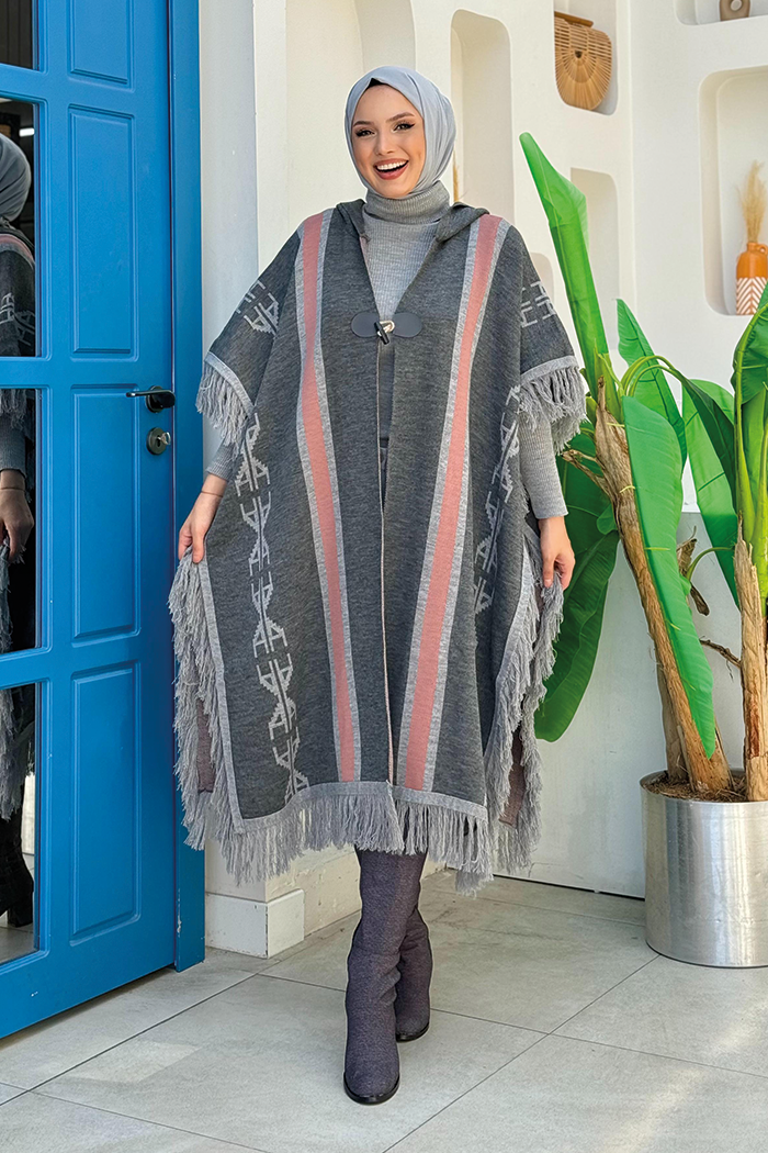 Single Button Detailed Hooded Tassel Knitwear Poncho 12022