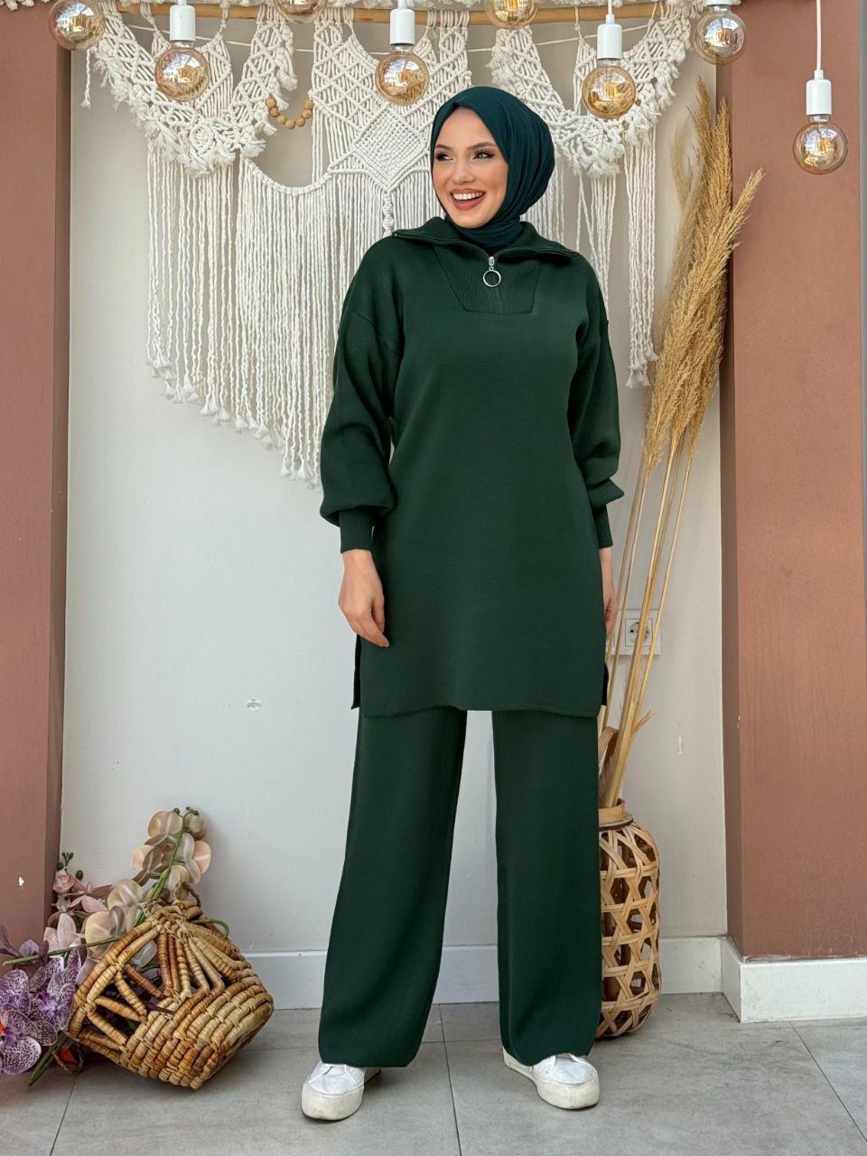 Zippered Collar Tunic and Trousers Double Knitwear Set 2-1535