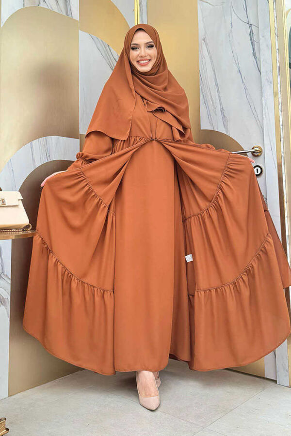 Elasticated Sleeve Layered Abaya Dress Set 3859