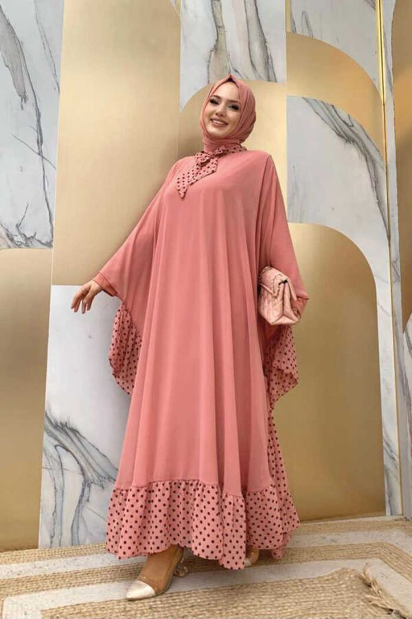 Spotted Collar Detail Chiffon Cape Dress Set 3643