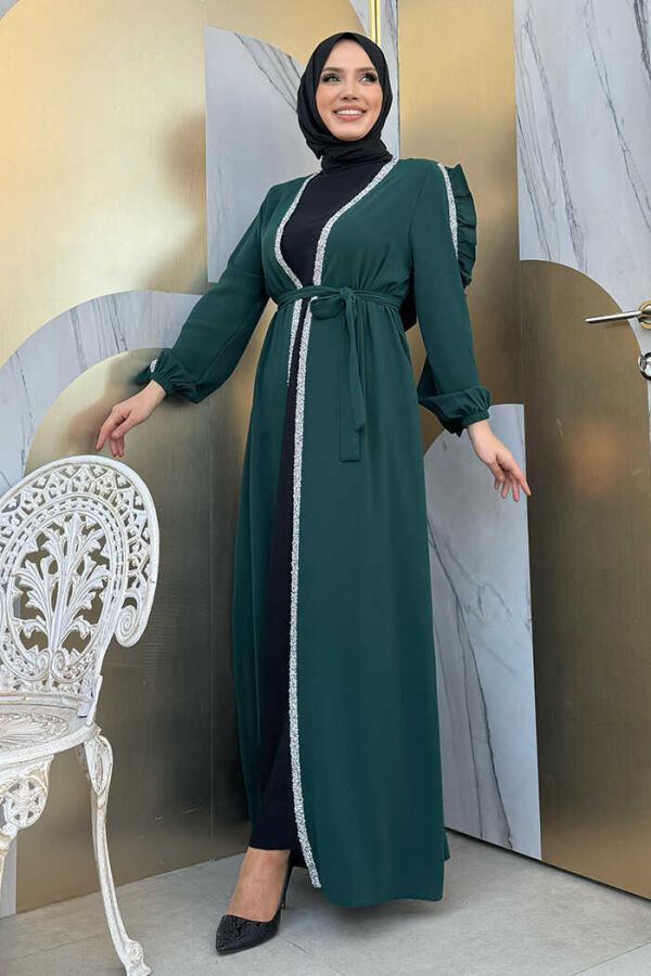 Frilled Sleeve Stone Detail Abaya Suit 8484