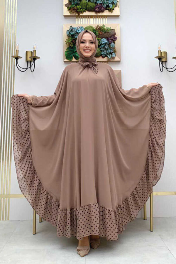 Spotted Collar Detail Chiffon Cape Dress Set 3643