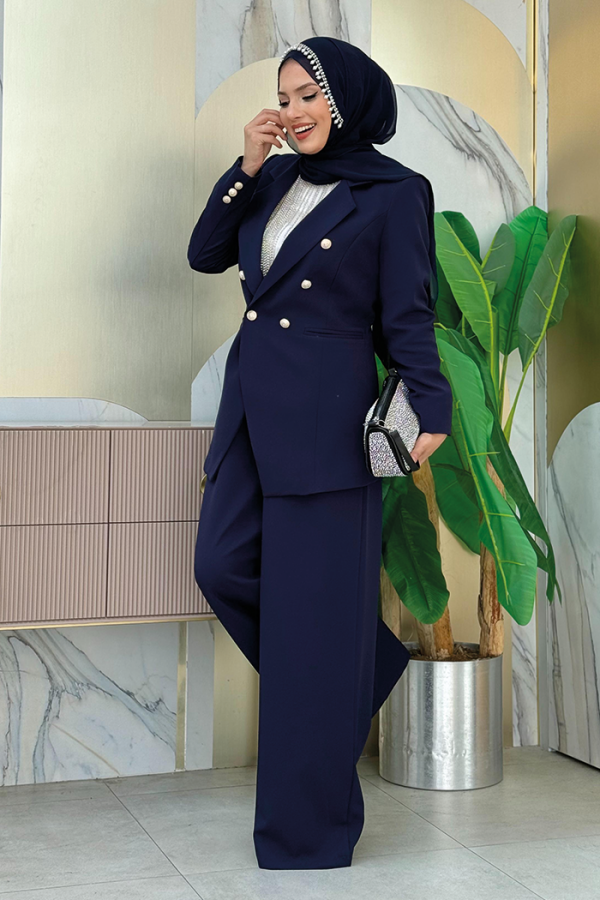 Button Detail Blazer Jacket Wide Trousers Set 8302