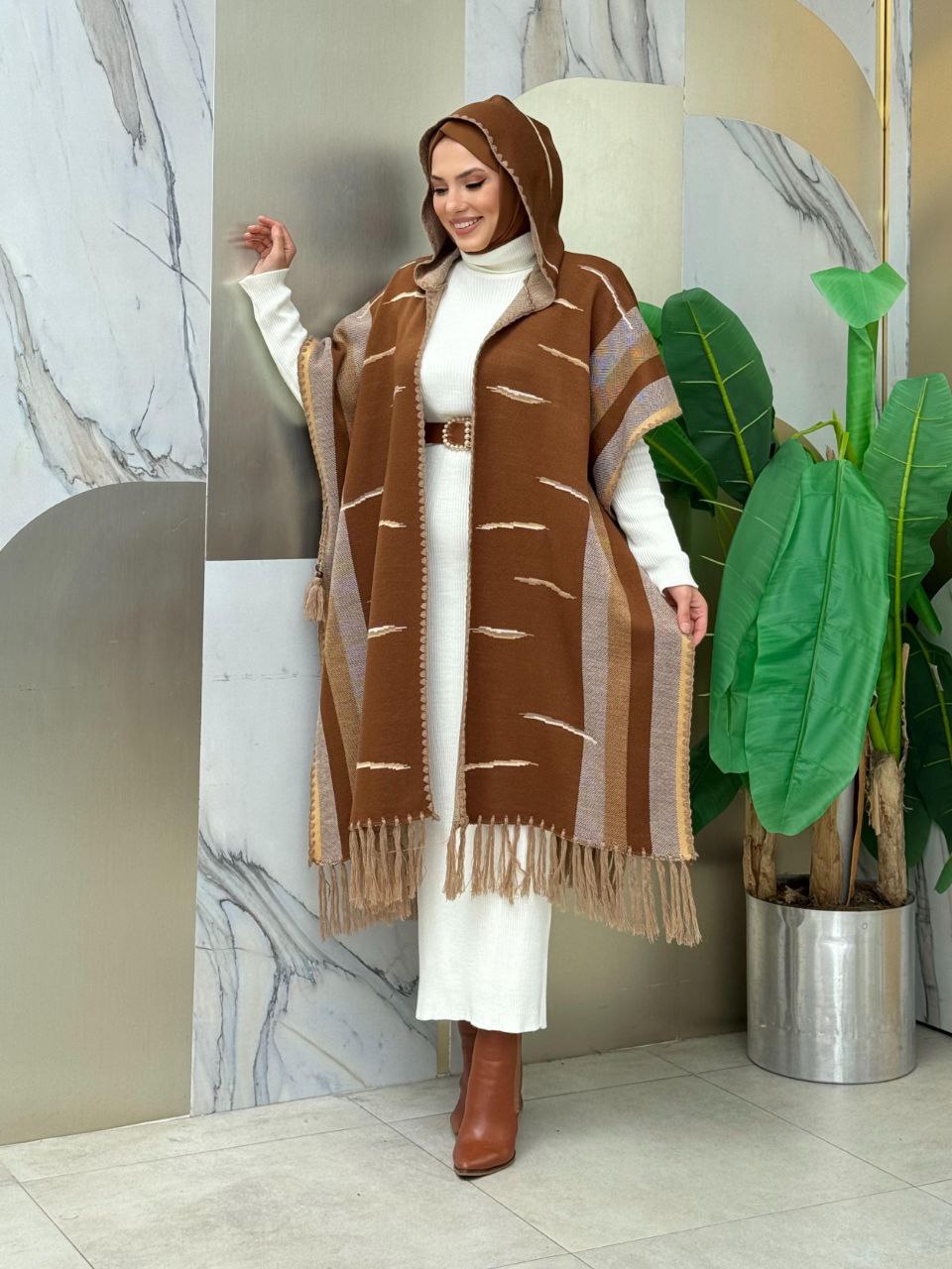 Hooded Tassel Detailed Knitwear Poncho 1606