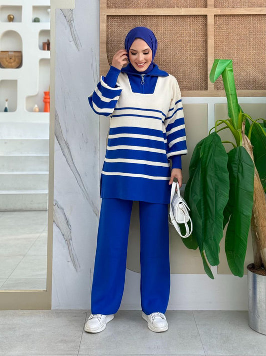 Zippered Collar Stripe Detailed Tunic and Trousers Two Piece Knitwear Set 2-6003