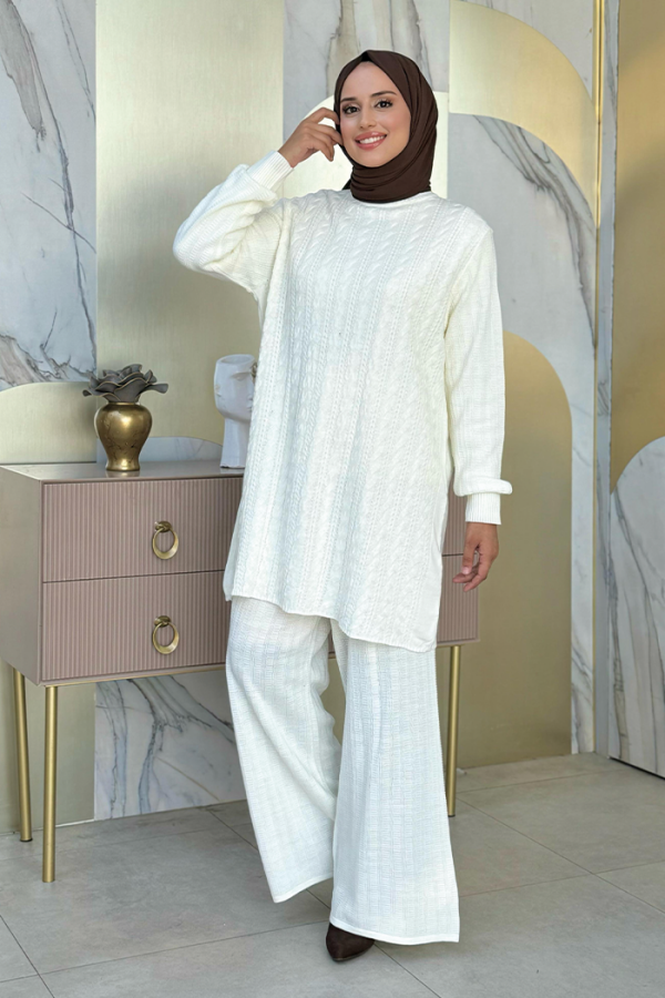 Knitted Pattern Throat Detailed Tunic Double Knitwear Suit 23310