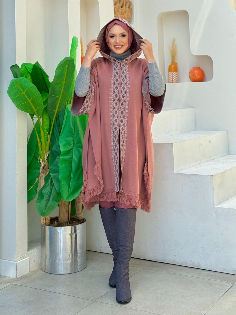 Hooded Zippered Tassel Detailed Knitwear Poncho 12023