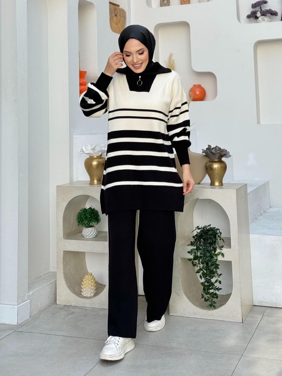 Zippered Collar Stripe Detailed Tunic and Trousers Two Piece Knitwear Set 2-6003