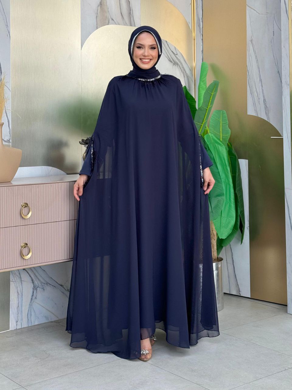 Tassel Collar Stone Detailed Abaya Dress Set 8494