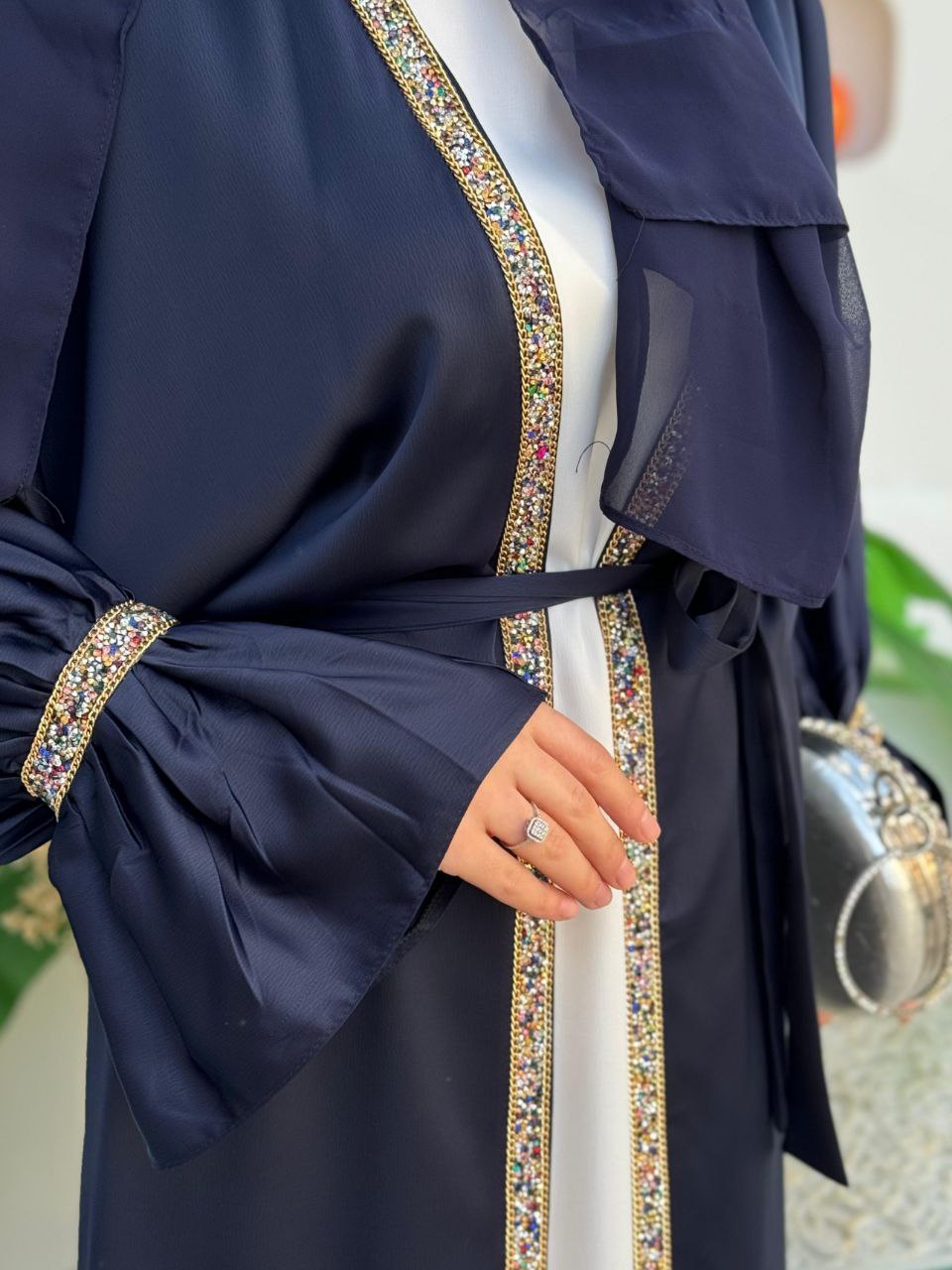 Stone Embroidery Detailed Belted Dress Abaya Suit 3860