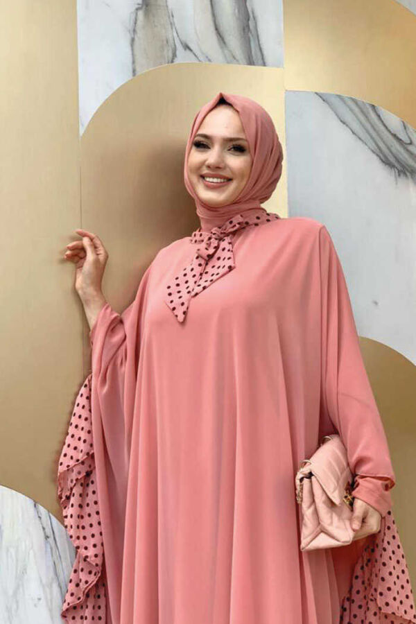 Spotted Collar Detail Chiffon Cape Dress Set 3643