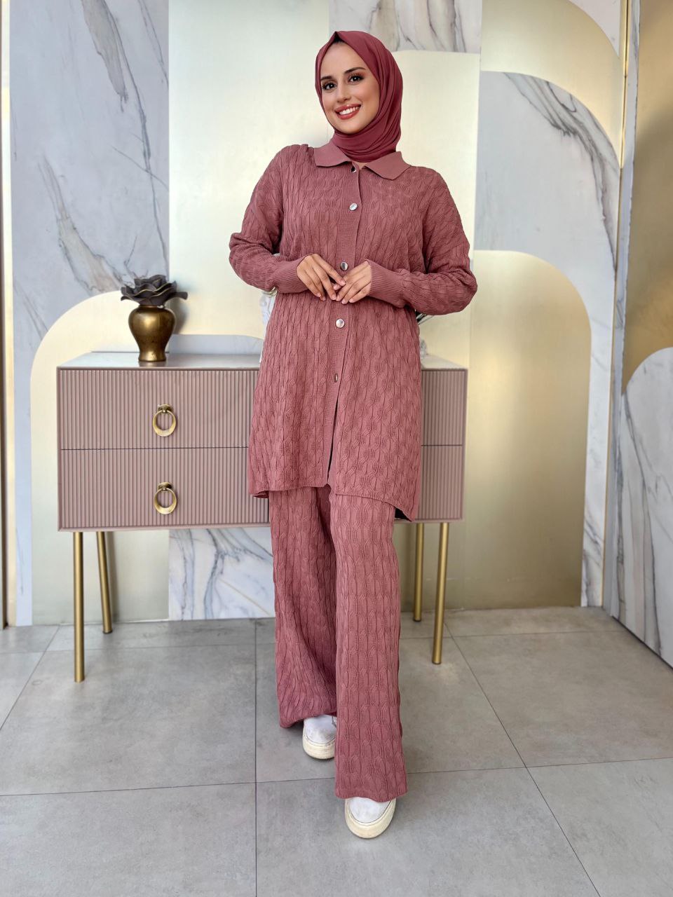 Embossed Patterned Tunic Buttoned Trouser Knitwear Suit 23311