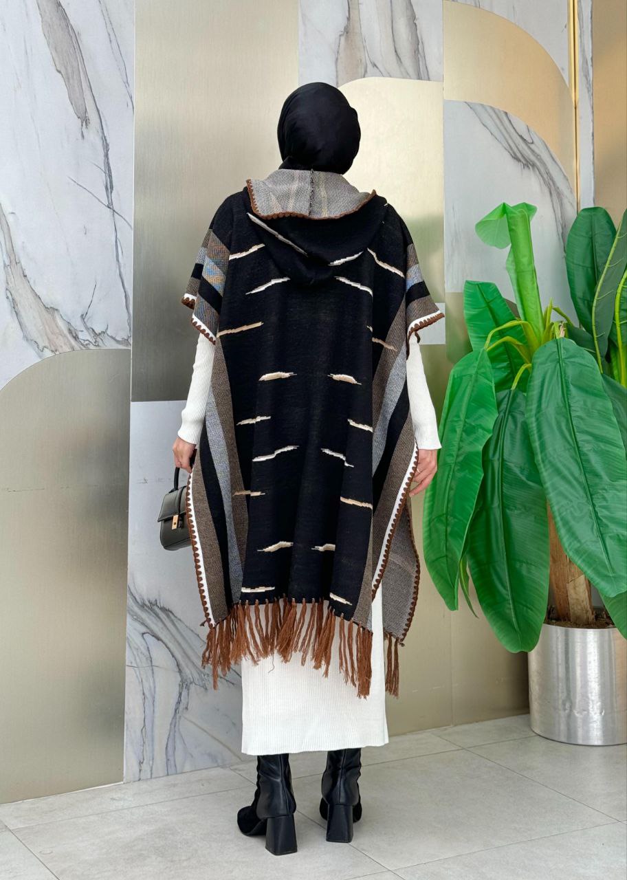 Hooded Tassel Detailed Knitwear Poncho 1606