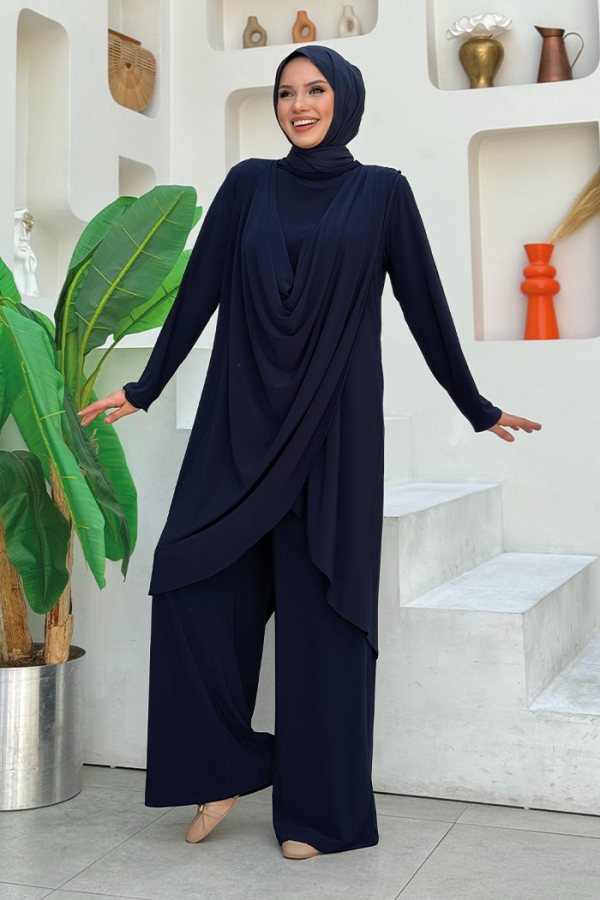 Shawl Collar Biased Asymmetric Cut Trouser Tunic Set 8552