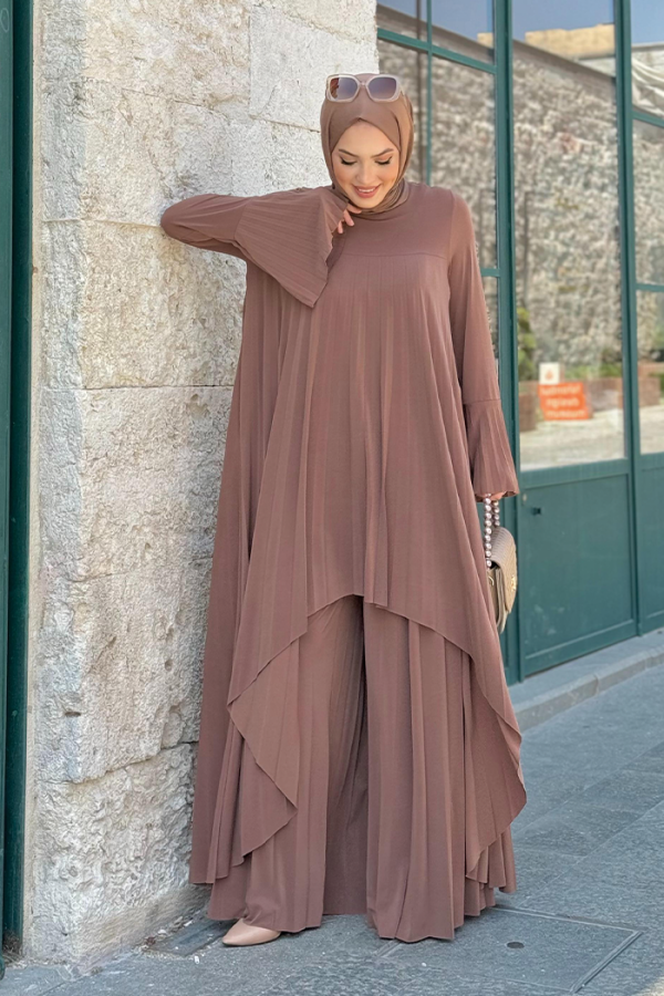 Pleated Detailed Long Tunic and Trousers Double Set 8575